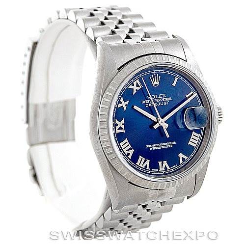 The image shows a Rolex Datejust 16220 Men's Stainless Steel Blue Dial 16220 Men's Stainless Steel Blue Dial watch with a blue dial, Roman numerals, and a Jubilee bracelet from a front angle.