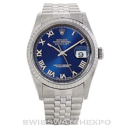 This image shows a front view of a Rolex Datejust 16220 Men's Stainless Steel Blue Dial 16220 Men's Stainless Steel Blue Dial watch, featuring a blue dial, Roman numerals, date window, and stainless steel bracelet.