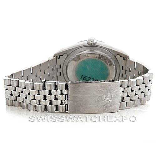 This image shows the back of a Rolex Datejust 16220 Men's Stainless Steel Blue Dial 16220 Men's Stainless Steel Blue Dial watch, highlighting the jubilee bracelet and the clasp with the Rolex crown logo.