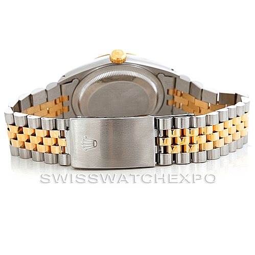 This image shows the back angle of a Rolex Datejust 16233 Men's Steel and Gold (two tone) Champagne Dial 16233 Men's Steel and Gold (two tone) Champagne Dial watch, highlighting its Jubilee bracelet and clasp.