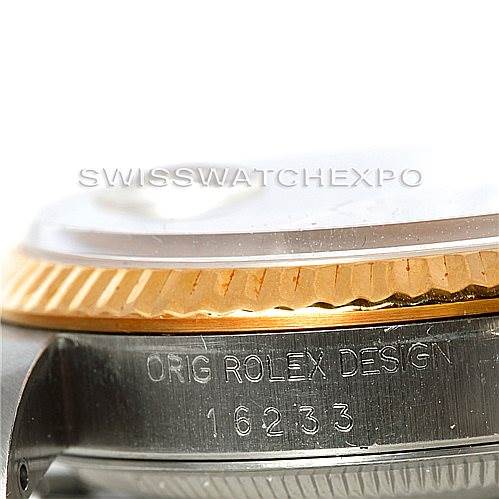 The image shows a close-up of the side profile of the Rolex Datejust 16233 Men's Steel and Gold (two tone) Champagne Dial 16233 Men's Steel and Gold (two tone) Champagne Dial's bezel and case, highlighting the model number 16233.
