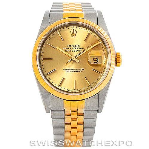 This image shows a Rolex Datejust 16233 Men's Steel and Gold (two tone) Champagne Dial 16233 Men's Steel and Gold (two tone) Champagne Dial model watch photographed from the front, highlighting the dial, bezel, and bracelet.