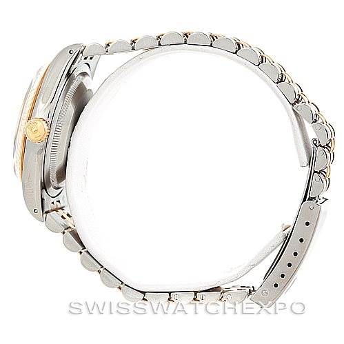 The image shows a side view of a Rolex Datejust 16233 Men's Steel and Gold (two tone) Champagne Dial 16233 Men's Steel and Gold (two tone) Champagne Dial watch, highlighting the bracelet, case, and crown.