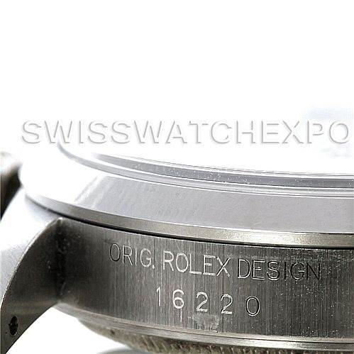 This image shows the side of a Rolex Datejust 16220 Men's Stainless Steel Beige Dial 16220 Men's Stainless Steel Beige Dial model with the inscription "ORIG. ROLEX DESIGN 16220" visible.