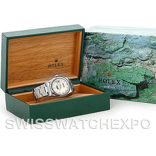 The image shows a Rolex Datejust 16220 Men's Stainless Steel Beige Dial 16220 Men's Stainless Steel Beige Dial watch inside its open green and wooden box, with the external packaging beside it.
