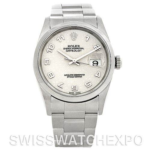 The image shows a front view of a Rolex Datejust 16220 Men's Stainless Steel Beige Dial 16220 Men's Stainless Steel Beige Dial watch, highlighting its dial, hour markers, hands, date window, and bracelet.
