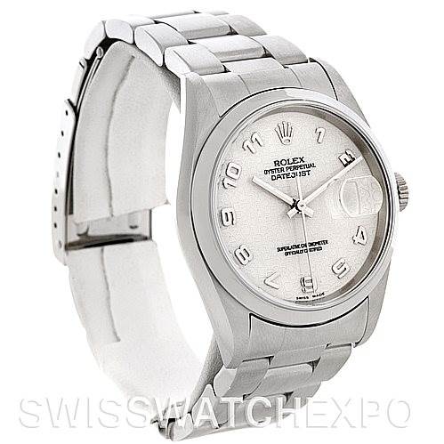 The image shows a Rolex Datejust 16220 Men's Stainless Steel Beige Dial 16220 Men's Stainless Steel Beige Dial model watch from a three-quarter angle, highlighting its silver dial, bracelet, and cyclops date magnifier.