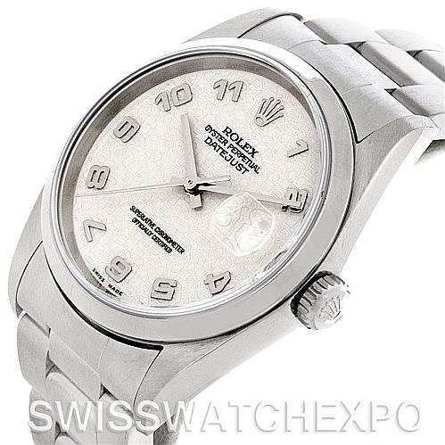 The image shows a Rolex Datejust 16220 Men's Stainless Steel Beige Dial 16220 Men's Stainless Steel Beige Dial watch at an angled side view, highlighting the dial, crown, and part of the bracelet.