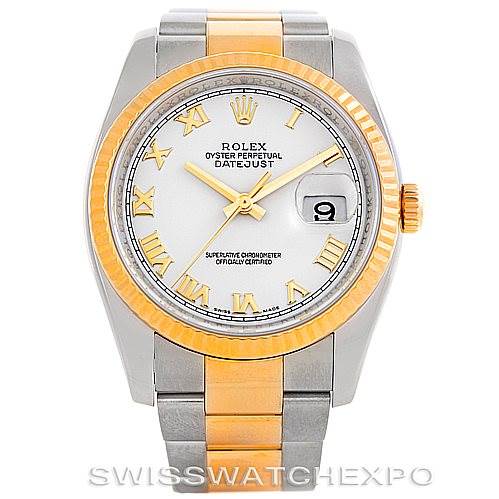 This image shows a Rolex Datejust 116233 Men's Stainless Steel White Dial 116233 Men's Stainless Steel White Dial model watch from the front, highlighting the dial, bezel, and bracelet.