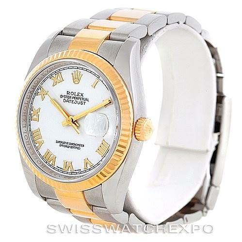 This image shows a Rolex Datejust 116233 Men's Stainless Steel White Dial 116233 Men's Stainless Steel White Dial watch from an angled front view, highlighting the bracelet, dial, and fluted bezel.