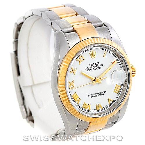 The image shows a Rolex Datejust 116233 Men's Stainless Steel White Dial 116233 Men's Stainless Steel White Dial watch at a three-quarter angle, highlighting its dial, bezel, crown, and two-tone bracelet.