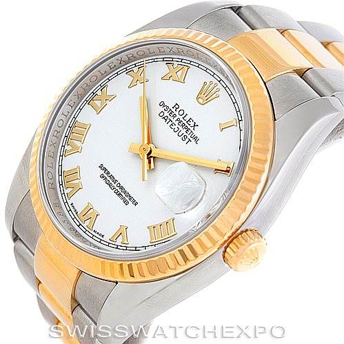 This is a close-up angle showing the face, bezel, and part of the band of a Rolex Datejust 116233 Men's Stainless Steel White Dial 116233 Men's Stainless Steel White Dial watch.