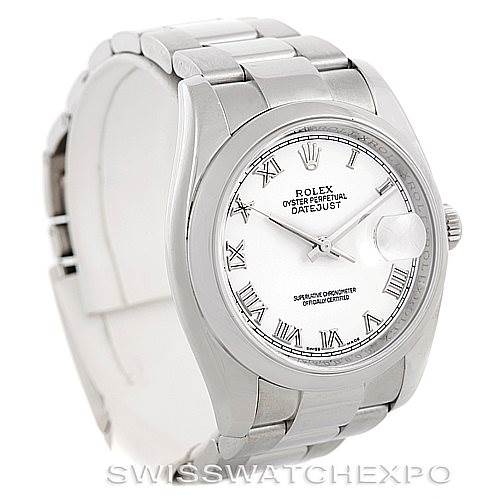This image shows a front angle of a Rolex Datejust 116200 Men
s Stainless Steel White Dial 116200 Men
s Stainless Steel White Dial watch, displaying its dial, bezel, and bracelet.