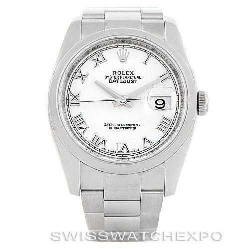 This image shows the front view of a Rolex Datejust 116200 Men
s Stainless Steel White Dial 116200 Men
s Stainless Steel White Dial watch, highlighting its dial, hands, date window, and bracelet.