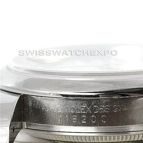 The image shows a side view of a Rolex Datejust 116200 Men
s Stainless Steel White Dial 116200 Men
s Stainless Steel White Dial watch, highlighting the case engraving with its model number "116200."