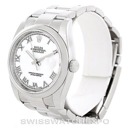 The image shows a Rolex Datejust 116200 Men
s Stainless Steel White Dial 116200 Men
s Stainless Steel White Dial model watch at an angled side view, highlighting the bracelet, dial, and crown.