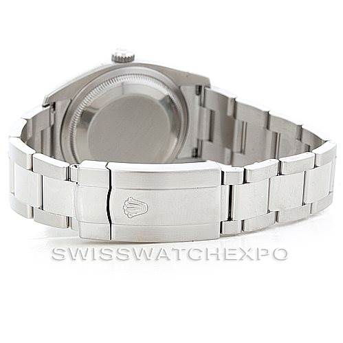 This image shows the back view of a Rolex Datejust 116200 Men
s Stainless Steel White Dial 116200 Men
s Stainless Steel White Dial watch, highlighting its clasp and bracelet.