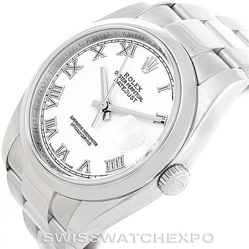 This image shows a Rolex Datejust 116200 Men
s Stainless Steel White Dial 116200 Men
s Stainless Steel White Dial watch from an angled top view, displaying the dial, bracelet, bezel, and crown.
