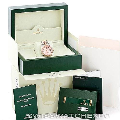 The image shows a Rolex Datejust 116231 Men's Steel and Gold (two tone) Pink Dial 116231 Men's Steel and Gold (two tone) Pink Dial watch in its case, accompanied by manuals, warranty card, and packaging, presented from a frontal angle.