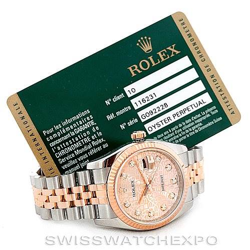 The image shows a front view of the Rolex Datejust 116231 Men's Steel and Gold (two tone) Pink Dial 116231 Men's Steel and Gold (two tone) Pink Dial watch along with its certification card.
