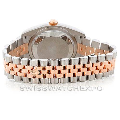 This image displays the back case and two-tone bracelet of a Rolex Datejust 116231 Men's Steel and Gold (two tone) Pink Dial 116231 Men's Steel and Gold (two tone) Pink Dial watch from a rear angle.