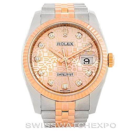 The image shows a front view of the Rolex Datejust 116231 Men's Steel and Gold (two tone) Pink Dial 116231 Men's Steel and Gold (two tone) Pink Dial watch, displaying the dial, hands, date window, and two-tone bracelet.