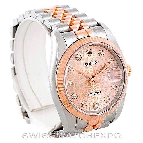 This image shows a Rolex Datejust 116231 Men's Steel and Gold (two tone) Pink Dial 116231 Men's Steel and Gold (two tone) Pink Dial watch at an angled view, showcasing its dial, bezel, case, and bracelet.