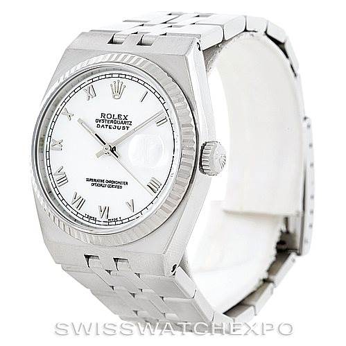 The image shows a front angle view of a Rolex Datejust 17014 Men's Stainless Steel White Dial 17014 Men's Stainless Steel White Dial watch, highlighting its dial, bezel, and bracelet.