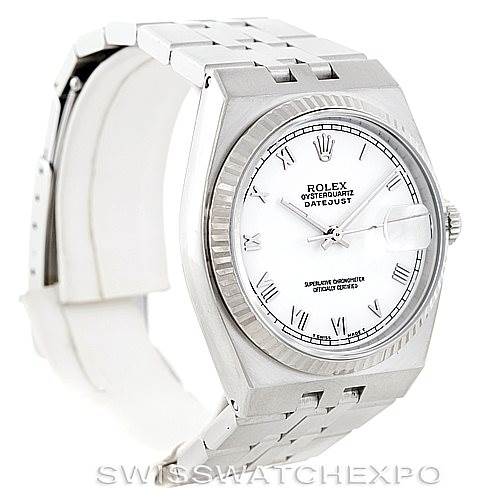 The Rolex Datejust 17014 Men's Stainless Steel White Dial 17014 Men's Stainless Steel White Dial watch is shown at an angle that highlights its face, bezel, bracelet, and crown.