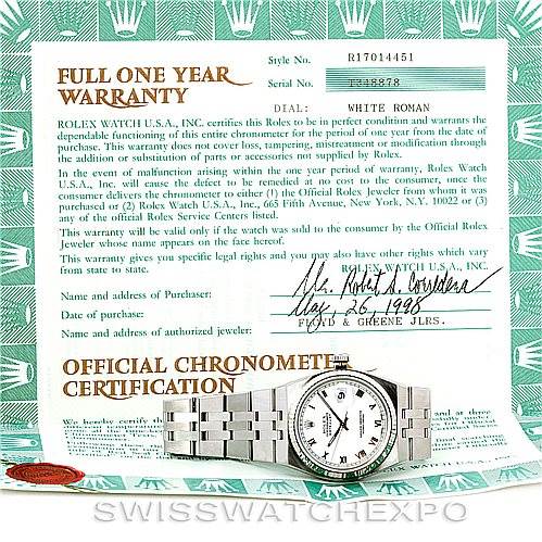 The image shows a full view of a Rolex Datejust 17014 Men's Stainless Steel White Dial 17014 Men's Stainless Steel White Dial watch placed on top of its warranty and certification document.