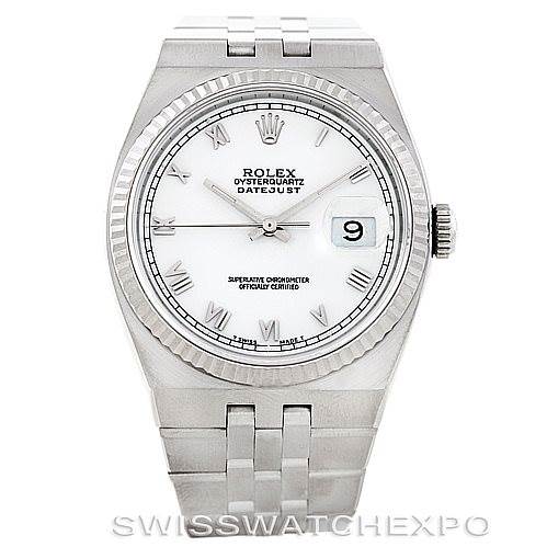 This image shows a front view of a Rolex Datejust 17014 Men's Stainless Steel White Dial 17014 Men's Stainless Steel White Dial watch, highlighting its face, dial, bezel, case, and bracelet.