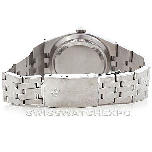 This is a rear view of the Rolex Datejust 17014 Men's Stainless Steel White Dial 17014 Men's Stainless Steel White Dial watch, showing the case back, crown, and stainless steel bracelet with the clasp.