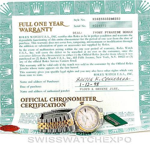 The image shows a Rolex Datejust 16233 Men's Steel and Gold (two tone) Beige Dial 16233 Men's Steel and Gold (two tone) Beige Dial model watch at an angle displaying the face, band, and official warranty and certification papers.