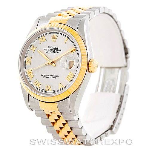 The Rolex Datejust 16233 Men's Steel and Gold (two tone) Beige Dial 16233 Men's Steel and Gold (two tone) Beige Dial watch is shown at an angle displaying the face, bezel, crown, and part of the bracelet.