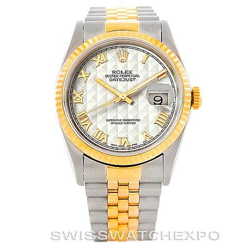 The image shows a front view of a Rolex Datejust 16233 Men's Steel and Gold (two tone) Beige Dial 16233 Men's Steel and Gold (two tone) Beige Dial watch featuring a two-tone bracelet, fluted bezel, and date display.