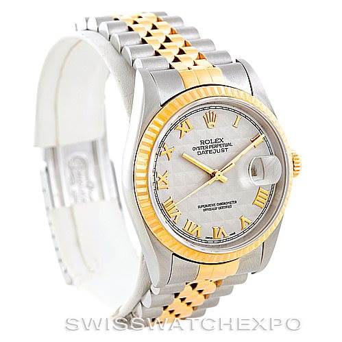 The image shows a Rolex Datejust 16233 Men's Steel and Gold (two tone) Beige Dial 16233 Men's Steel and Gold (two tone) Beige Dial watch with its dial, two-tone Jubilee bracelet, and cyclops lens over the date window from a front angle.