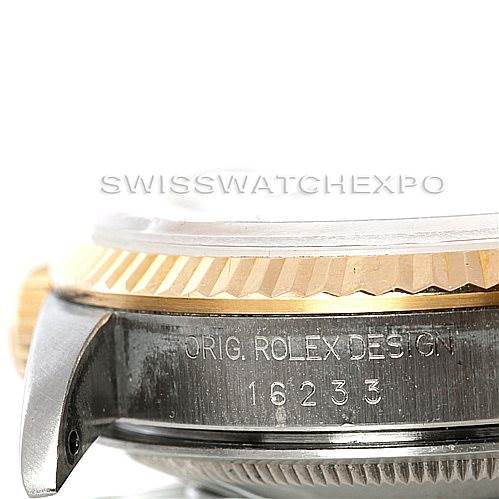 The image shows a close-up side view of the Rolex Datejust 16233 Men's Steel and Gold (two tone) Beige Dial 16233 Men's Steel and Gold (two tone) Beige Dial case, featuring the bezel and model number 16233.