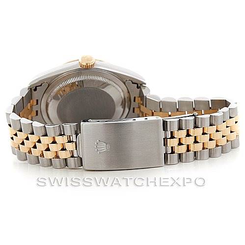The image shows the back of a Rolex Datejust 16233 Men's Steel and Gold (two tone) Beige Dial 16233 Men's Steel and Gold (two tone) Beige Dial watch, highlighting the case back and the two-tone Jubilee bracelet.