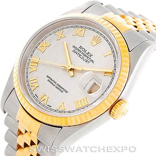 The image shows a Rolex Datejust 16233 Men's Steel and Gold (two tone) Beige Dial 16233 Men's Steel and Gold (two tone) Beige Dial watch at an angled top view, highlighting its dial, fluted bezel, crown, and two-tone bracelet.