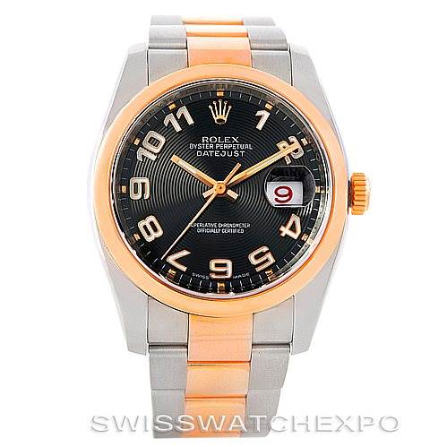 This Rolex Datejust 116201 Men's Steel and Gold (two tone) Black Dial 116201 Men's Steel and Gold (two tone) Black Dial watch is shown from a front angle, displaying its face, bezel, and two-tone bracelet.