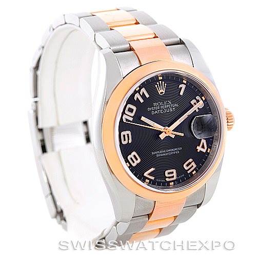 The image shows a Rolex Datejust 116201 Men's Steel and Gold (two tone) Black Dial 116201 Men's Steel and Gold (two tone) Black Dial watch at an angle highlighting its two-tone bracelet and black dial.