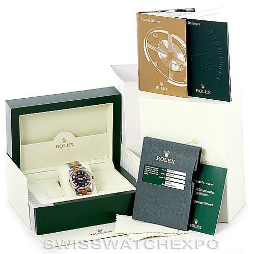 The image shows a Rolex Datejust 116201 Men's Steel and Gold (two tone) Black Dial 116201 Men's Steel and Gold (two tone) Black Dial watch with its box, manuals, and warranty card, displayed from a front angle.