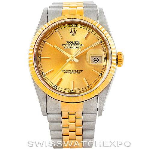 The image shows a Rolex Datejust 16233 Men's Steel and Gold (two tone) Champagne Dial 16233 Men's Steel and Gold (two tone) Champagne Dial model watch from a front angle featuring a two-tone bracelet, gold bezel, and date display.