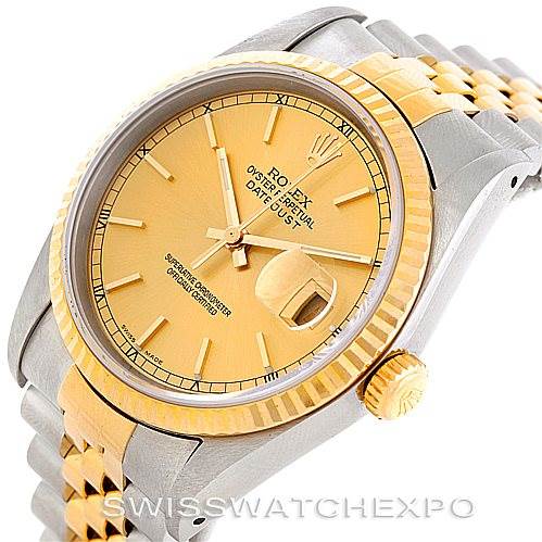 The image shows a Rolex Datejust 16233 Men's Steel and Gold (two tone) Champagne Dial 16233 Men's Steel and Gold (two tone) Champagne Dial watch from an angled frontal view, featuring the dial, bezel, crown, and part of the bracelet.