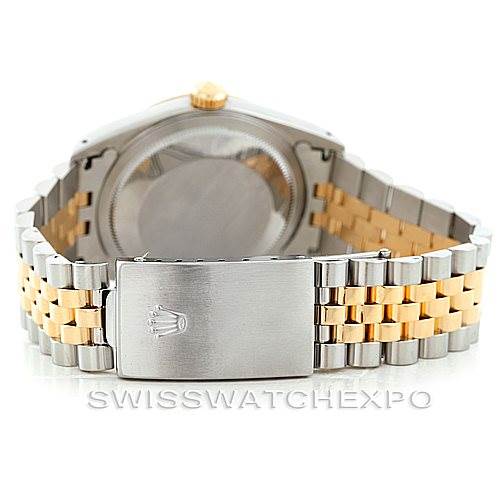 The image shows the back view of a Rolex Datejust 16233 Men's Steel and Gold (two tone) Champagne Dial 16233 Men's Steel and Gold (two tone) Champagne Dial watch, highlighting its stainless steel and gold Jubilee bracelet and clasp.