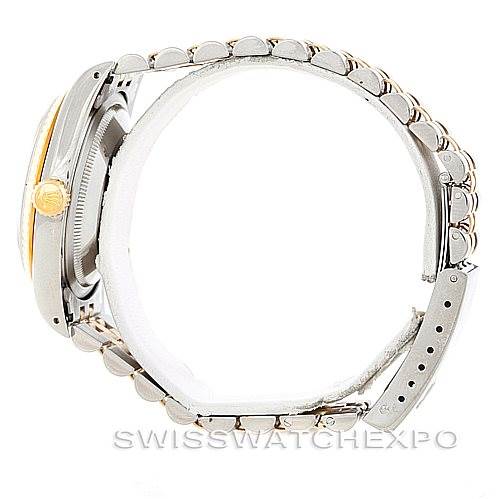 The image shows a side view of a Rolex Datejust 16233 Men's Steel and Gold (two tone) Champagne Dial 16233 Men's Steel and Gold (two tone) Champagne Dial watch, highlighting the bracelet, clasp, and partial case.