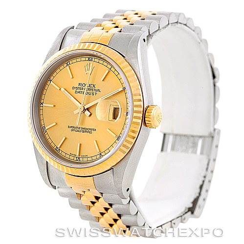 The image shows a Rolex Datejust 16233 Men's Steel and Gold (two tone) Champagne Dial 16233 Men's Steel and Gold (two tone) Champagne Dial watch, highlighting the front dial, bezel, and part of the bracelet.