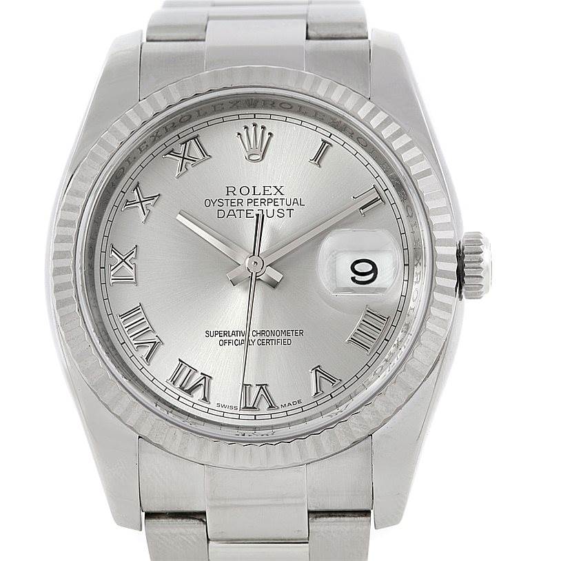 The image shows a front view of the Rolex Datejust 116234 Men's Stainless Steel Silver Dial 116234 Men's Stainless Steel Silver Dial watch, highlighting the dial, bezel, and bracelet.