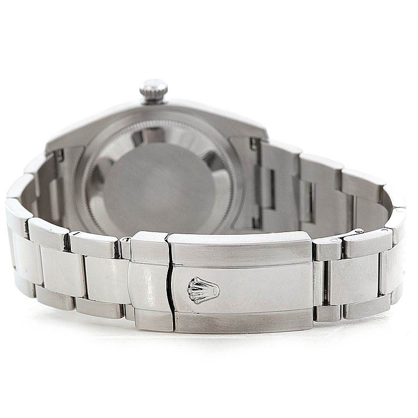 The image shows the back of a Rolex Datejust 116234 Men's Stainless Steel Silver Dial 116234 Men's Stainless Steel Silver Dial watch focusing on its bracelet and clasp, displaying the Rolex emblem.
