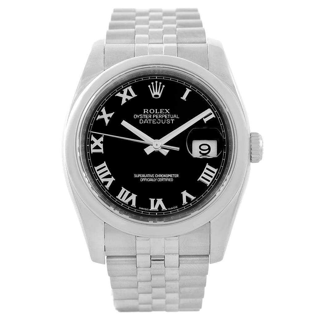 The Rolex Datejust 116200-BKRJ Men's Stainless Steel Black Dial 116200-BKRJ Men's Stainless Steel Black Dial watch is shown from a front angle, displaying its dial, bezel, bracelet, and crown.